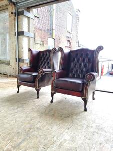 Chesterfield 2 x High Back Chairs Antique Oxblood Red Real Leather Bespoke In Queen Anne Style