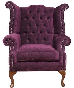Chesterfield High Back Wing Chair Velluto Aubergine Velvet Fabric In Queen Anne Style