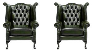 Chesterfield 2 x High Back Chairs Antique Green Leather Bespoke In Queen Anne Style