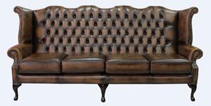 Chesterfield 4 Seater Flat Wing High Back Antique Tan Leather Sofa In Queen Anne Style