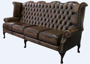 Chesterfield 4 Seater Flat Wing High Back Antique Tan Leather Sofa In Queen Anne Style