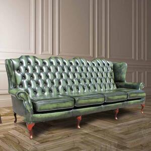 Chesterfield 4 Seater Flat Wing High Back Antique Green Real Leather Sofa In Queen Anne Style