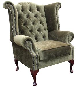 Chesterfield High Back Wing Chair Velluto Moss Green Velvet Fabric In Queen Anne Style