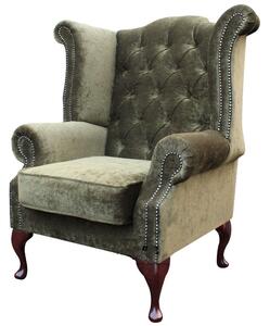 Chesterfield High Back Wing Chair Velluto Moss Green Velvet Fabric In Queen Anne Style