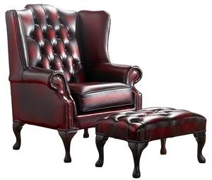 Chesterfield Flat Wing Chair + Footstool Antique Oxblood Red Leather In Mallory Style