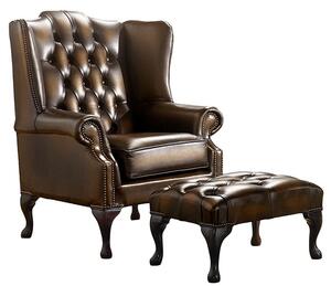 Chesterfield Flat Wing Chair + Footstool Antique Tan Leather In Mallory Style