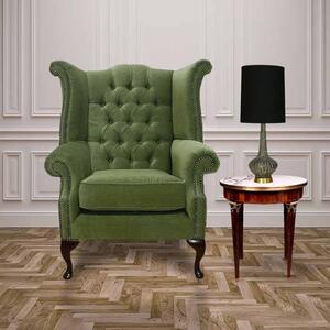 Chesterfield High Back Wing Chair Pimlico Sage Green Fabric In Queen Anne Style