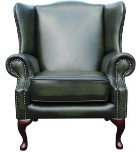 Chesterfield Flat Saxon High Back Wing Chair Antique Green Leather In Mallory Style