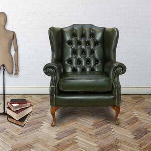 Chesterfield High Back Wing Chair Antique Green Real Leather Bespoke In Mallory Style