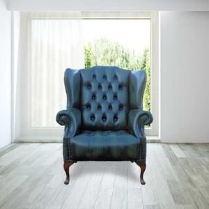 Chesterfield High Back Wing Chair Buttoned Seat Antique Green Leather In Mallory Style