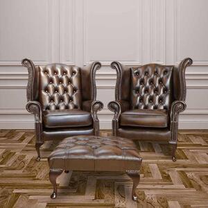 Chesterfield Pair High Back Wing Chair + Footstool Antique Brown Leather In Queen Anne Style