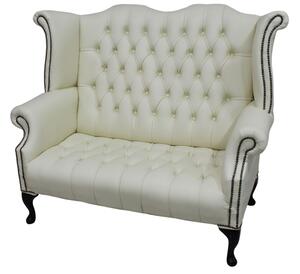 Chesterfield 2 Seater High Back Sofa Shelly Cream Leather Bespoke In Queen Anne Style