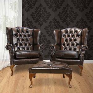 Chesterfield Pair High Back Wing Chair + Footstool Antique Brown Leather In Mallory Style