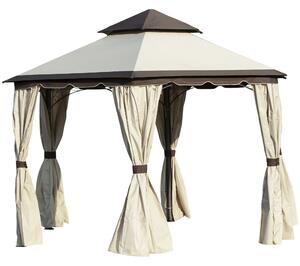 Outsunny 3.4m Steel Gazebo Canopy Party Tent Garden Pavilion Patio Shelter with Curtains & 2 Tier Roof, Beige