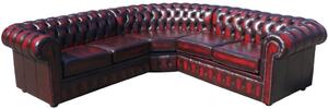 Chesterfield 2 Seater + Corner + 2 Seater Antique Oxblood Real Leather Corner Sofa In Classic Style