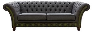 Chesterfield 3 Seater Sofa Antique Olive Leather Marinello Pewter Fabric In Jepson Style