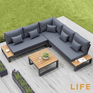 LIFE Soho Outdoor Living Corner Lounge Set with Teak Coffee and Side Tables