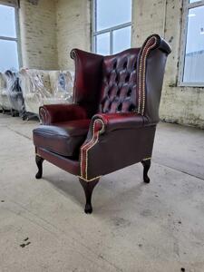 Chesterfield High Back Wing Chair Antique Oxblood Red Real Leather In Queen Anne Style
