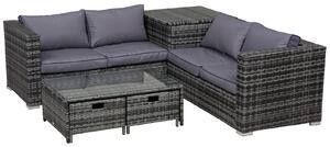 Outsunny 4-Seater Rattan Wicker Garden Furniture Patio Sofa Storage & Table Set w/ 2 Drawers Coffee Table,Great Cushioned 4 Seats Corner Sofa - Grey