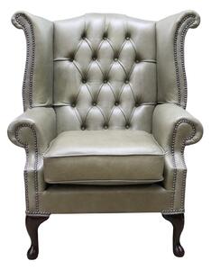 Chesterfield High Back Wing Chair Selvaggio Sage Green Leather In Queen Anne Style