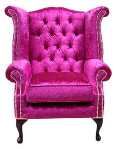 Chesterfield High Back Wing Chair Shimmer Fuchsia Velvet Bespoke In Queen Anne Style