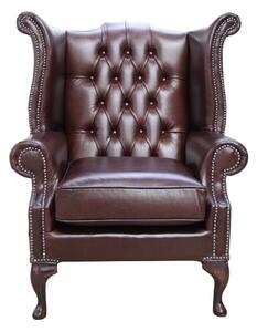 Chesterfield High Back Wing Chair Old English Brown Leather In Queen Anne Style