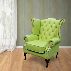 Chesterfield High Back Wing Chair Melon Green Leather In Queen Anne Style
