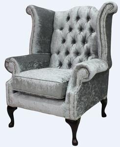 Chesterfield High Back Wing Chair Shimmer Silver Velvet Bespoke In Queen Anne Style