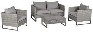 Outsunny Rattan Dining Set, 4-Seater PE Wicker Garden Furniture with Glass Top Table & Cushions, Light Grey