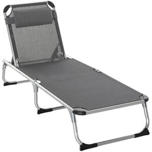 Outsunny Foldable Garden Lounger Camping Bed Cot w/ Pillow 5-Level Adjustable Back Aluminium Frame, 76H x 170L x 60W Grey