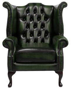 Chesterfield High Back Wing Chair Antique Green Leather Bespoke In Queen Anne Style