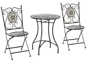 Outsunny 3 Pcs Mosaic Tile Garden Bistro Set Outdoor Seating w/ Table 2 Folding Chairs Set Metal Frame Elegant Scrolling Indoor Patio Balcony