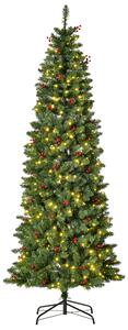 HOMCOM 7FT Prelit Artificial Pencil Christmas Tree with Warm White LED Light, Red Berry, Holiday Home Xmas Decoration, Green