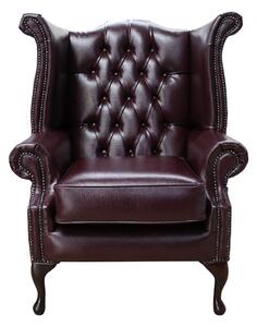 Chesterfield High Back Wing Chair Bonded Burgandy Real Leather Bespoke In Queen Anne Style