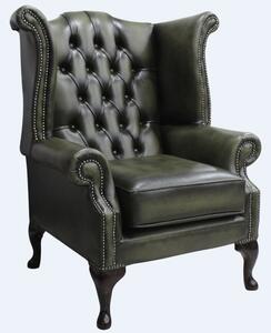 Chesterfield High Back Wing Chair Antique Olive Leather Bespoke In Queen Anne Style