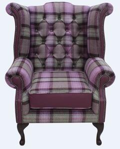 Chesterfield High Back Wing Chair Skye Amethyst Leather Wool Tweed Check In Queen Anne Style