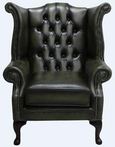 Chesterfield High Back Wing Chair Antique Olive Leather Bespoke In Queen Anne Style
