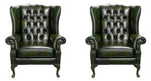 Chesterfield 2 x Wing Chair Antique Green Leather Bespoke In Mallory Style