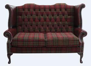 Chesterfield 2 Seater High Back Sofa Lana Terracotta Fabric Antique Oxblood Leather In Queen Anne Style