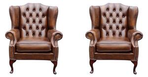 Chesterfield 2 x Wing Chair Antique Tan Leather Bespoke In Mallory Style