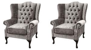 Chesterfield 2 x Wing Chairs Boutique Beige Velvet Fabric In Mallory Style