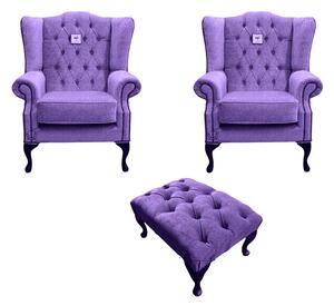 Chesterfield 2 x Wing Chairs + Footstool Verity Purple Fabric In Mallory Style