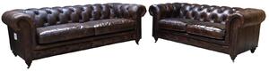 Vintage 3+2 Chesterfield Sofa Suite Distressed Tobacco Brown Real Leather