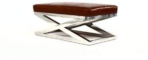 Vintage Criss Cross Footstool Brown Real Leather With Metal