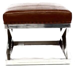 Vintage Criss Cross Footstool Brown Real Leather With Metal