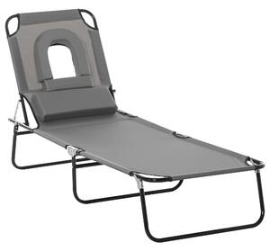 Outsunny Sun Lounger Foldable Reclining Chair with Pillow and Reading Hole Garden Beach Outdoor Recliner Adjustable Grey