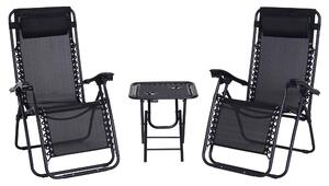 Outsunny 3pcs Folding Zero Gravity Chairs Sun Lounger Table Set w/ Cup Holders Reclining Garden Yard Pool, Black