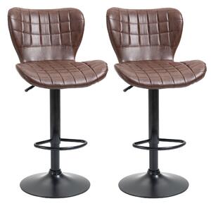 HOMCOM Bar Stools Set of 2 Adjustable Height Swivel Bar Chairs in PU Leather with Backrest & Footrest, Brown
