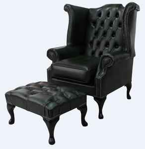 Chesterfield High Back Wing Chair + Footstool Antique Green Leather In Queen Anne Style