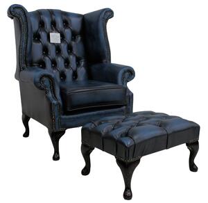 Chesterfield High Back Wing Chair + Footstool Antique Blue Leather In Queen Anne Style